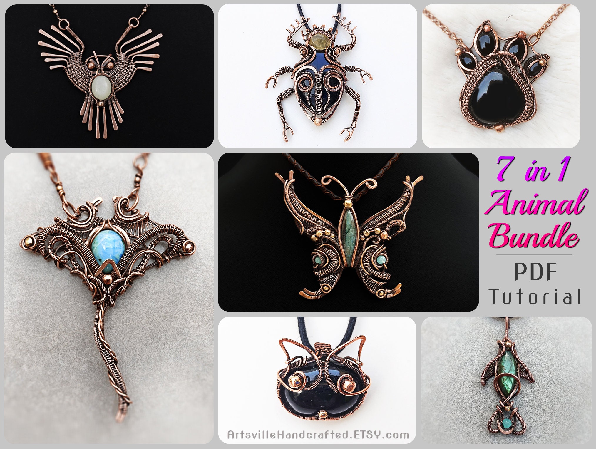 Wire Wrap Pendant Tutoril Bundle for Aniimal designs Beginner wire wrap animal bundle pendant tutorial, Instant PDF download with detailed instructions