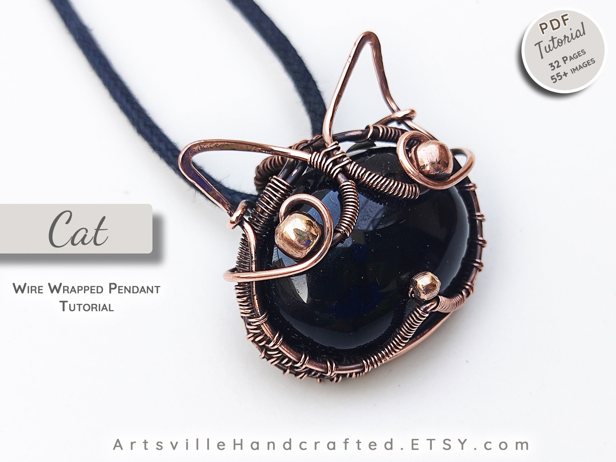 Wire Wrapped Cat Pendant Tutorial makers Wire wrap cat pendant PDF tutorial, Step-by-step instructions for beginner, jewelry