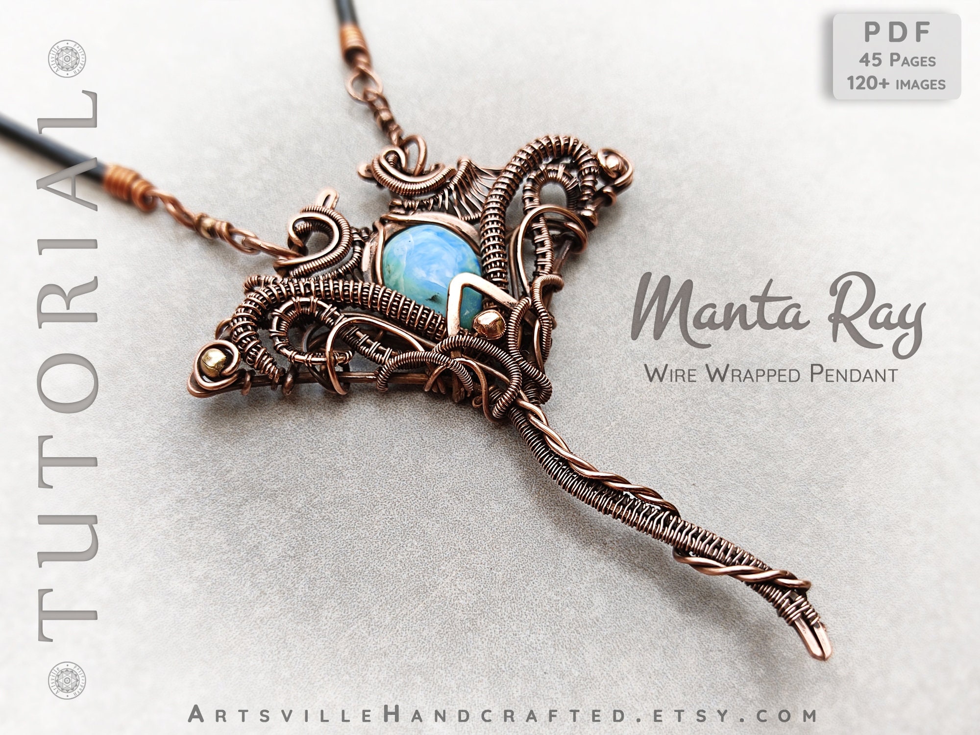 Advance level Wire wrap pendant guide for manta ray pendant Step-by-step wire wrapping guide, Create sting ray wire jewelry, PDF tutorial download, wire wrap