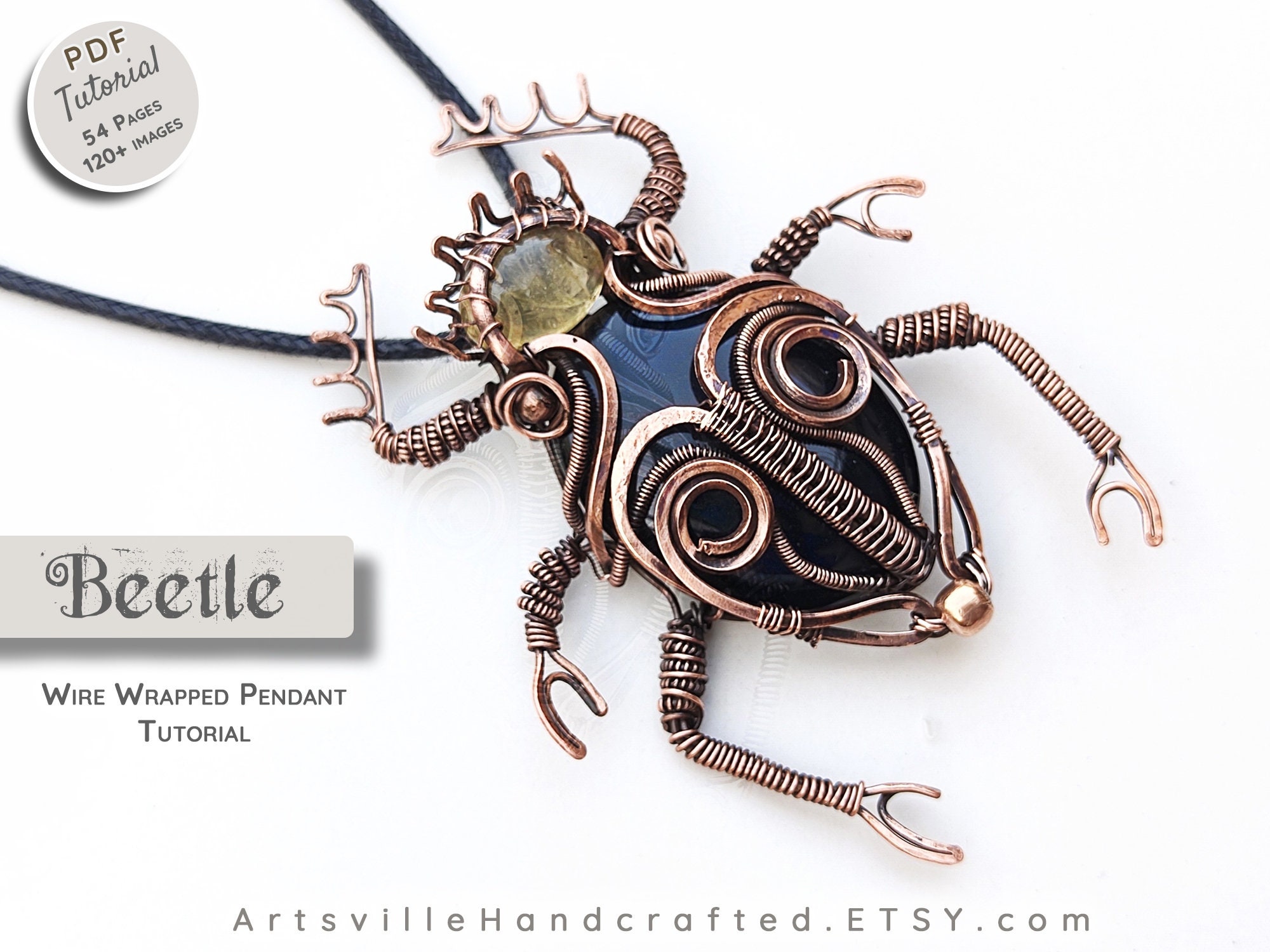 learn to create advance level scarab beetle pendant wire wrap Step-by-step wire wrapping guide, Create scarab beetle pandent wire jewelry, PDF tutorial download, wire wrap